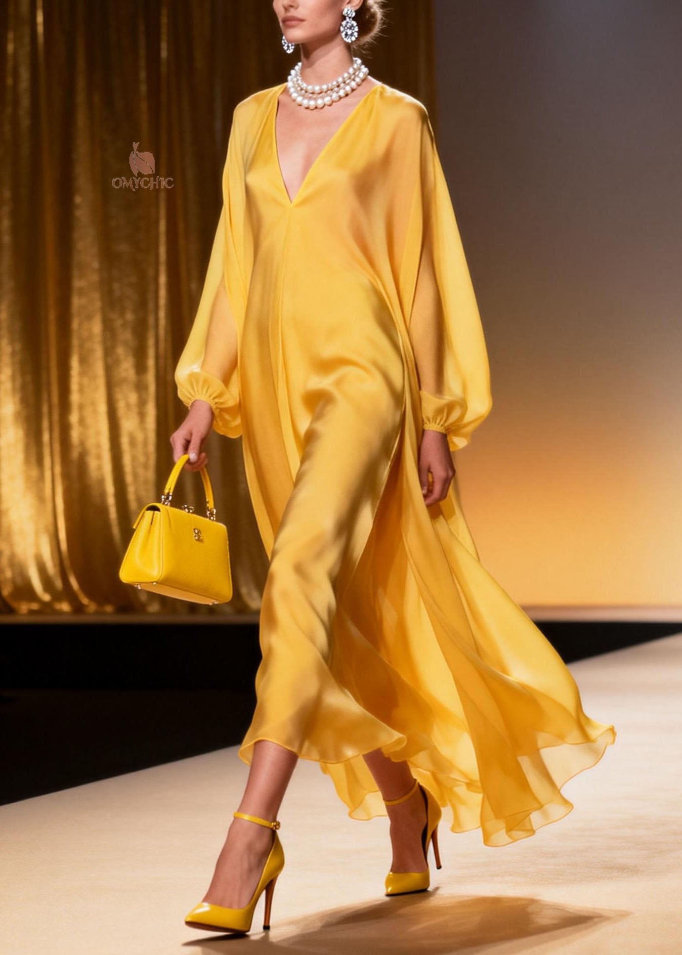 Satin Deep V-Neck Lantern Sleeve Flowy Asymmetrical Hem Maxi Gown