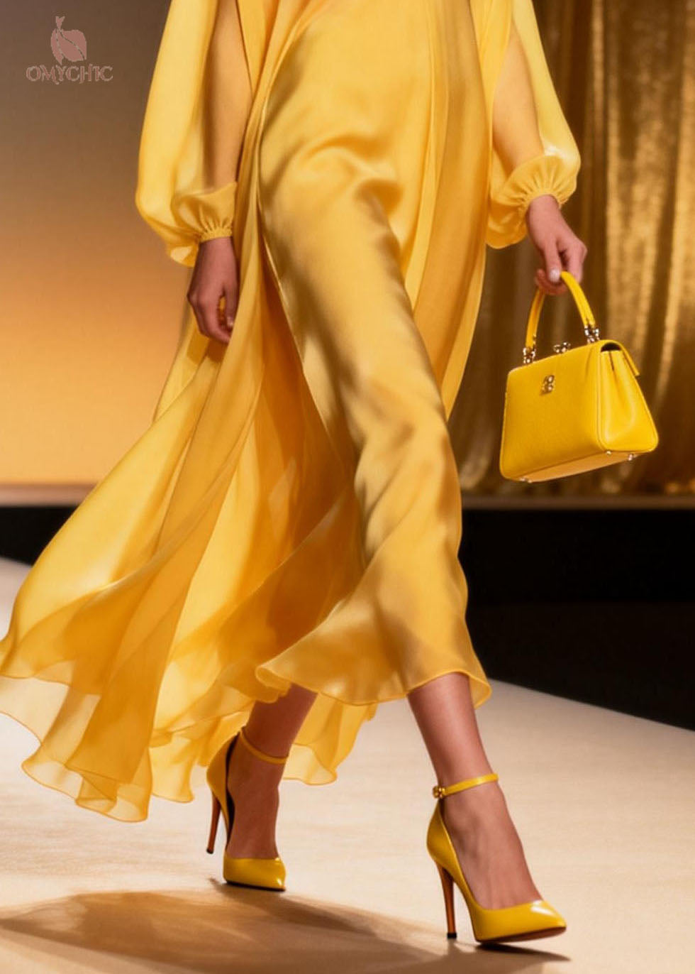 Satin Deep V-Neck Lantern Sleeve Flowy Asymmetrical Hem Maxi Gown
