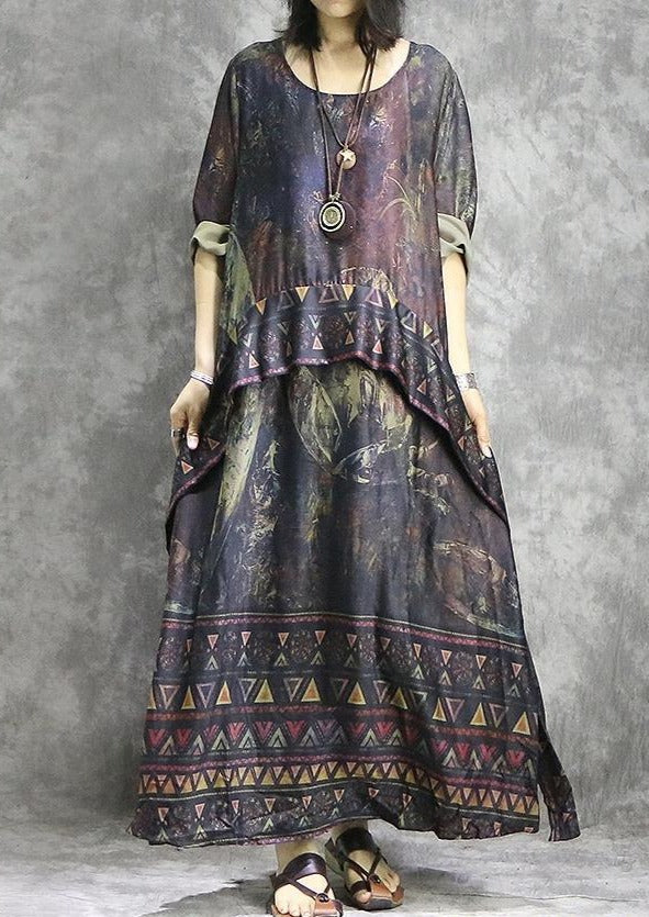 Geometric Border Abstract Print Layered Asymmetrical Maxi Dress