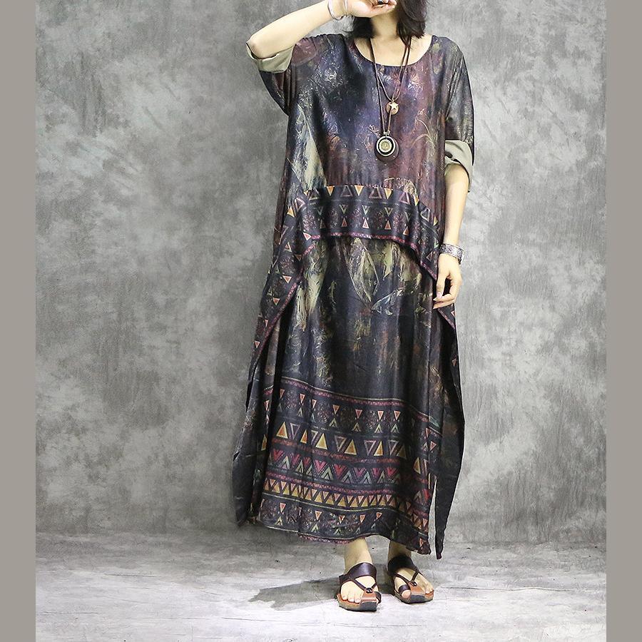 Geometric Border Abstract Print Oversized Layered Asymmetrical Three Quarter Sleeve Maxi Dress