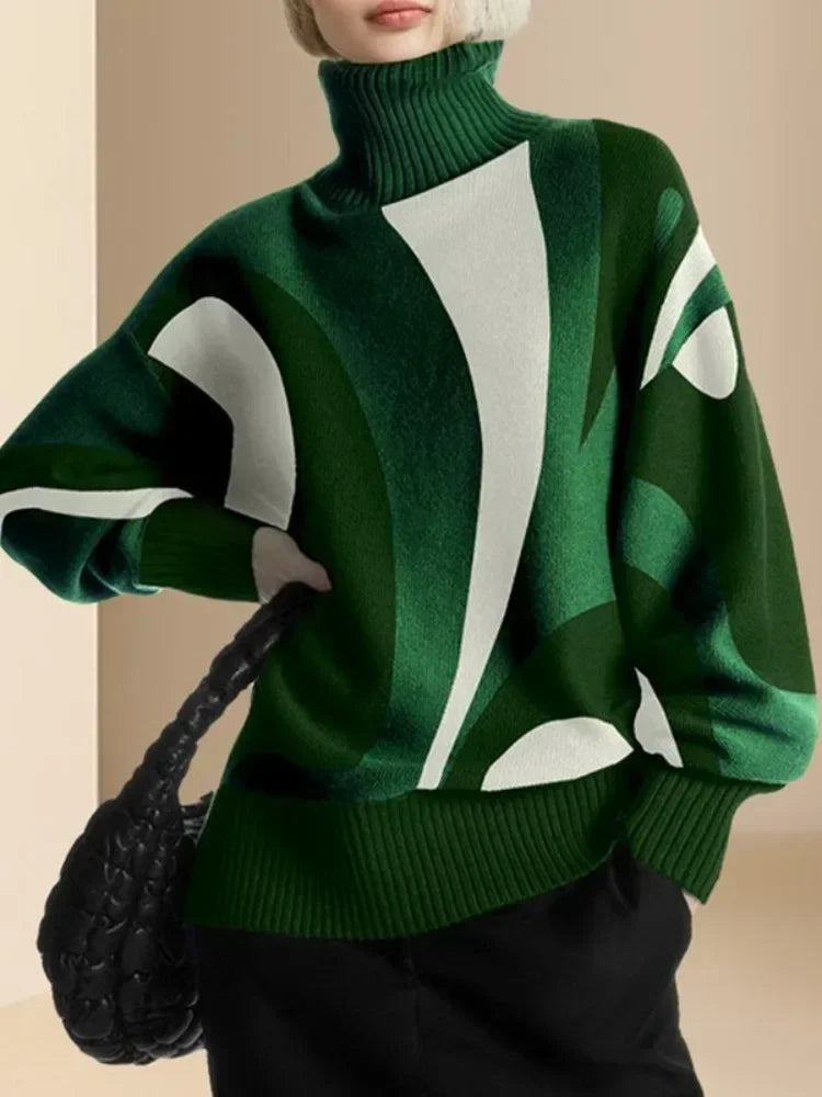 Turtleneck Abstract Print Lantern Sleeve Ribbed Trim Knit Sweater