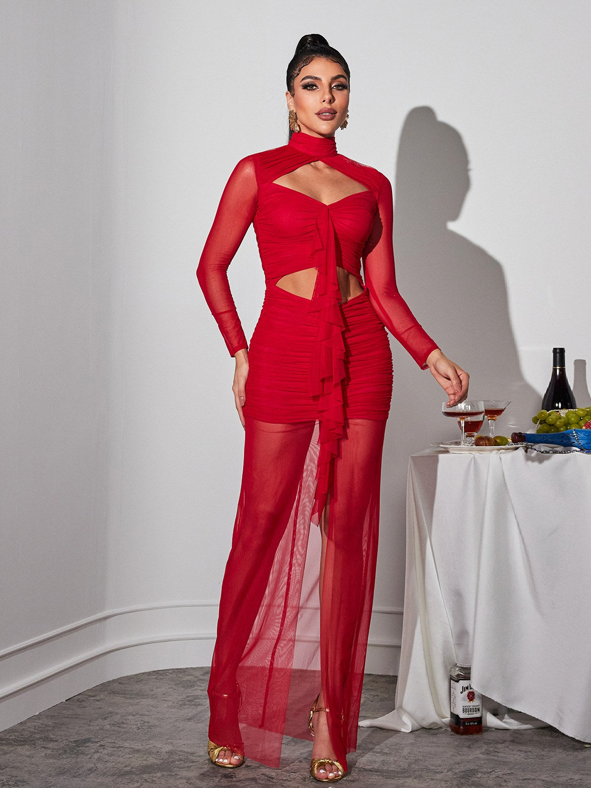 Long Sleeve Cutout Mesh Maxi Dress - View 6