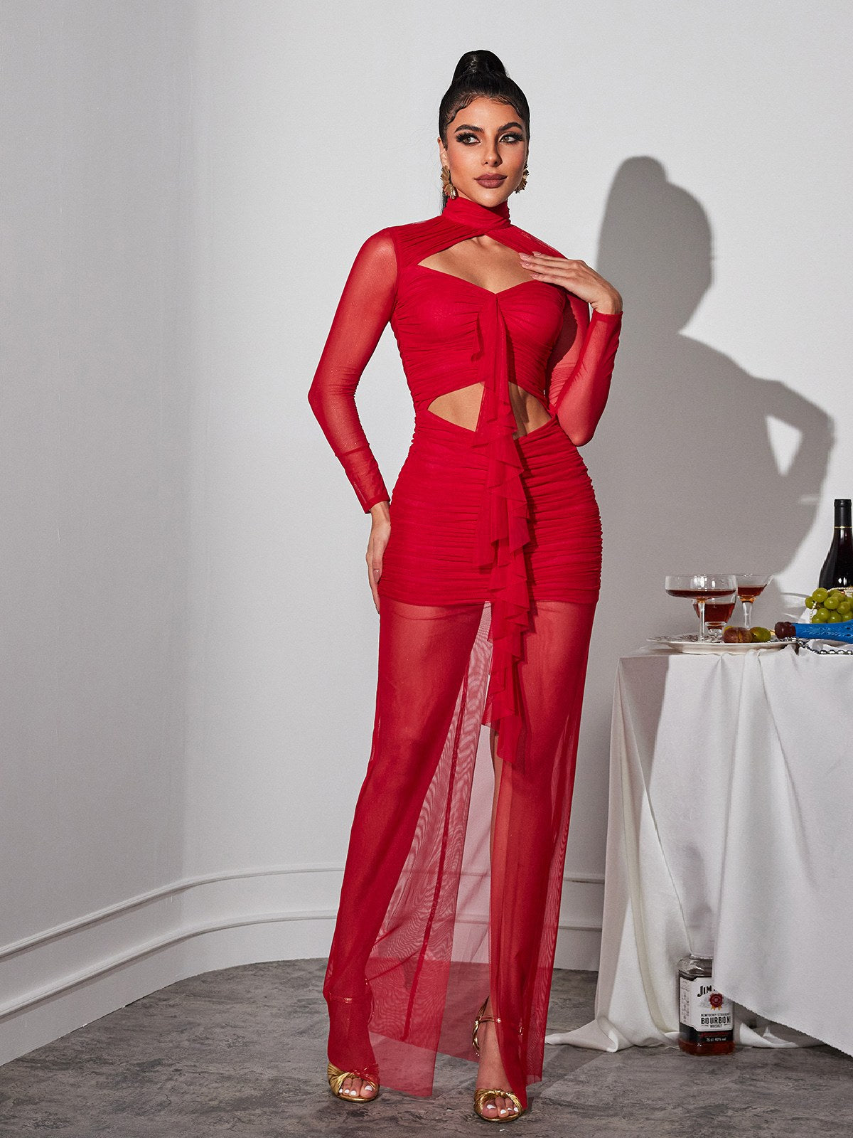 Long Sleeve Cutout Mesh Maxi Dress - View 2