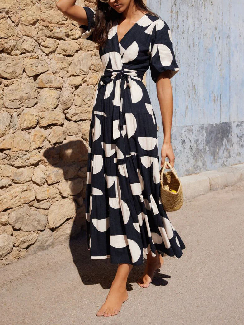 Puff Sleeve V - Neck Geometric Print Midi Dress