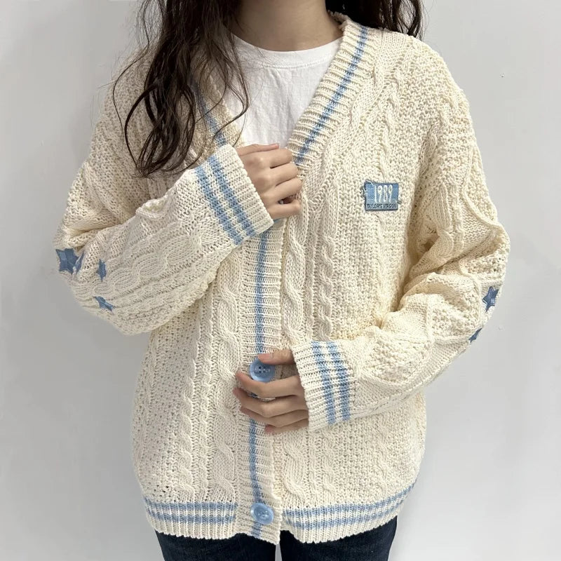 V-Neck Star Embroidered Cable Knit Stripe Trim Button Front Cardigan 2