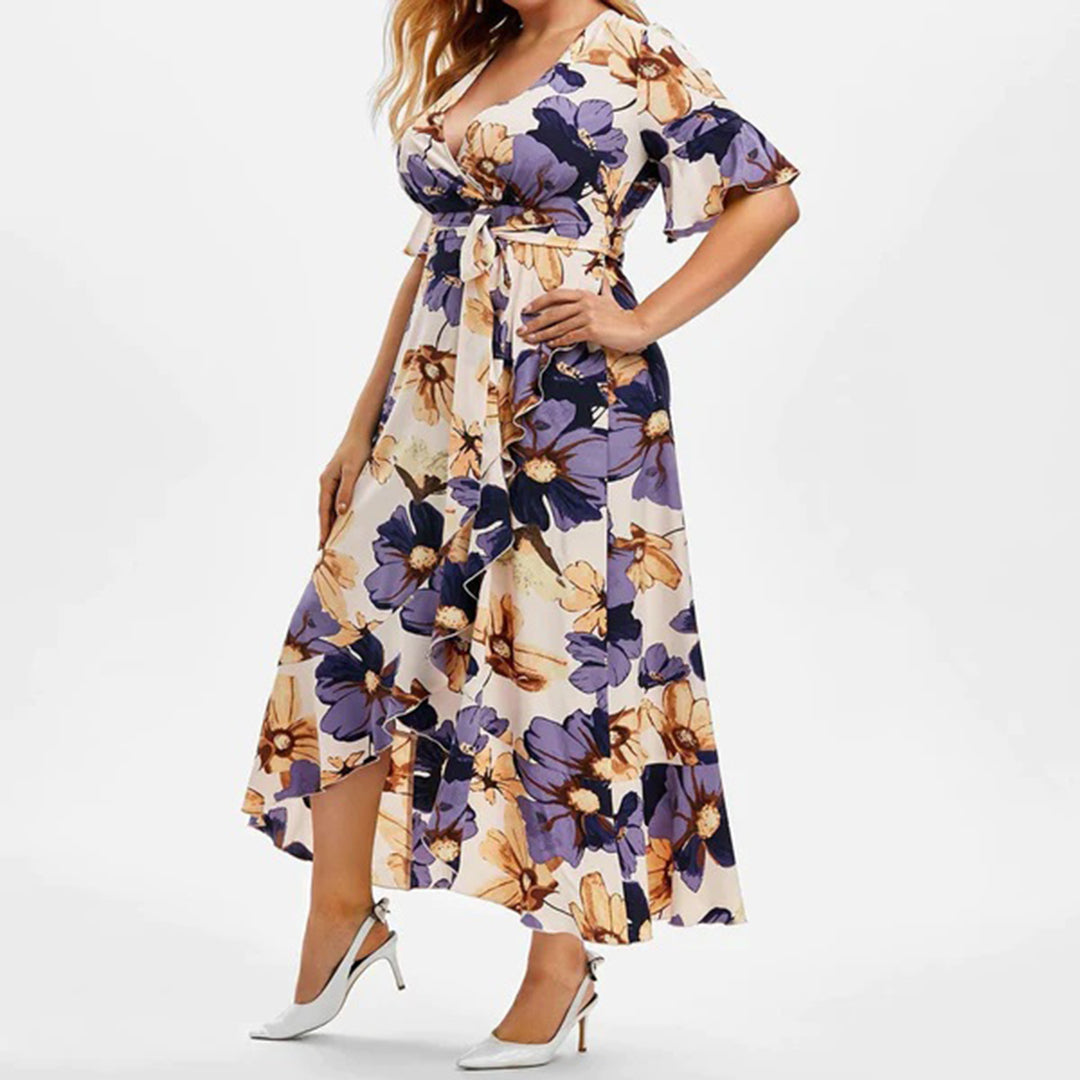 Floral V-Neck Flutter Sleeve Wrap Belted Maxi Dress