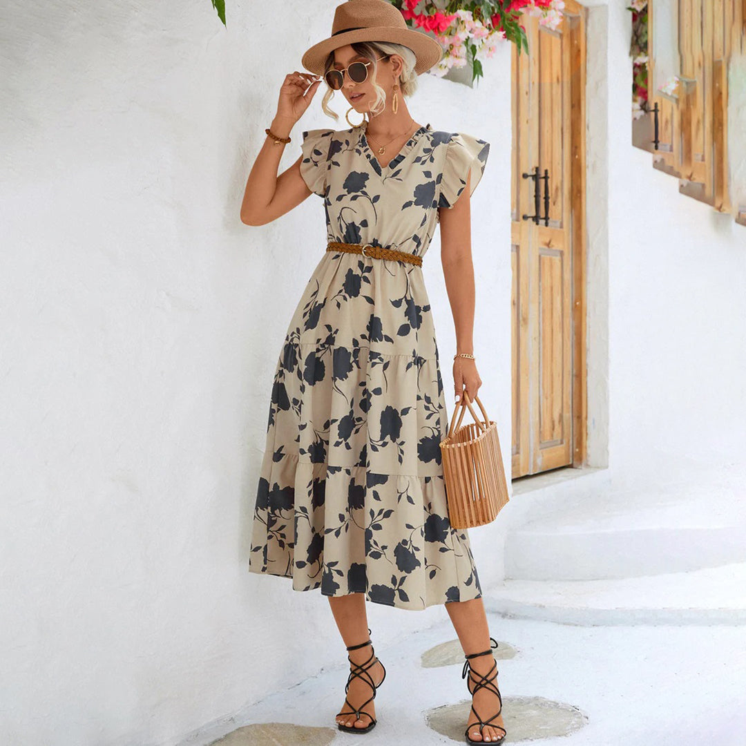 Floral Print V-Neck Flutter Sleeve Elastic Waist Tiered Ruffle Midi Summer Dress