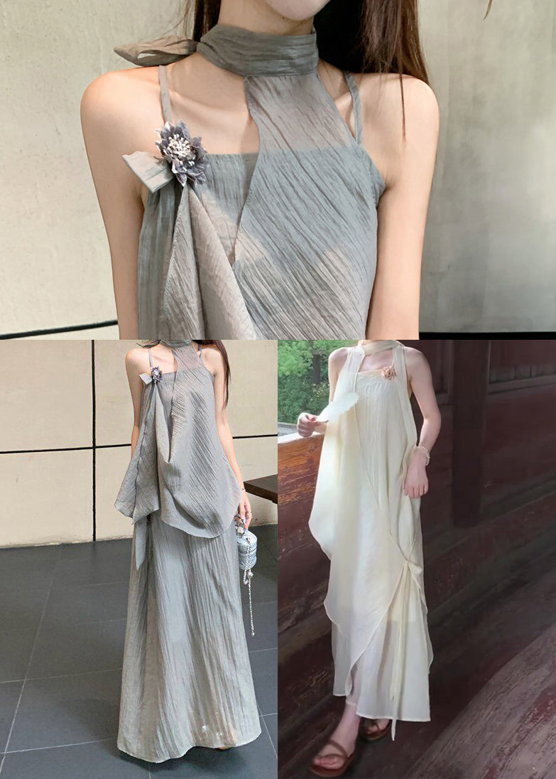 Chiffon Square Neck Ruched Asymmetric Slip Maxi Two Piece Set