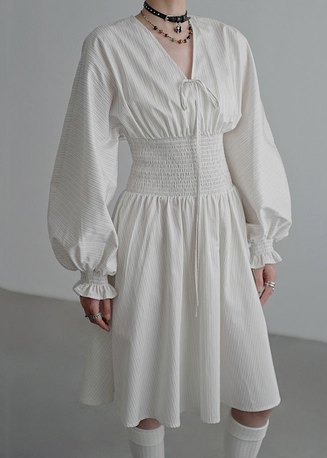 Pinstripe Lantern Sleeve Drawstring V-Neck Smocked Waist Midi Dress