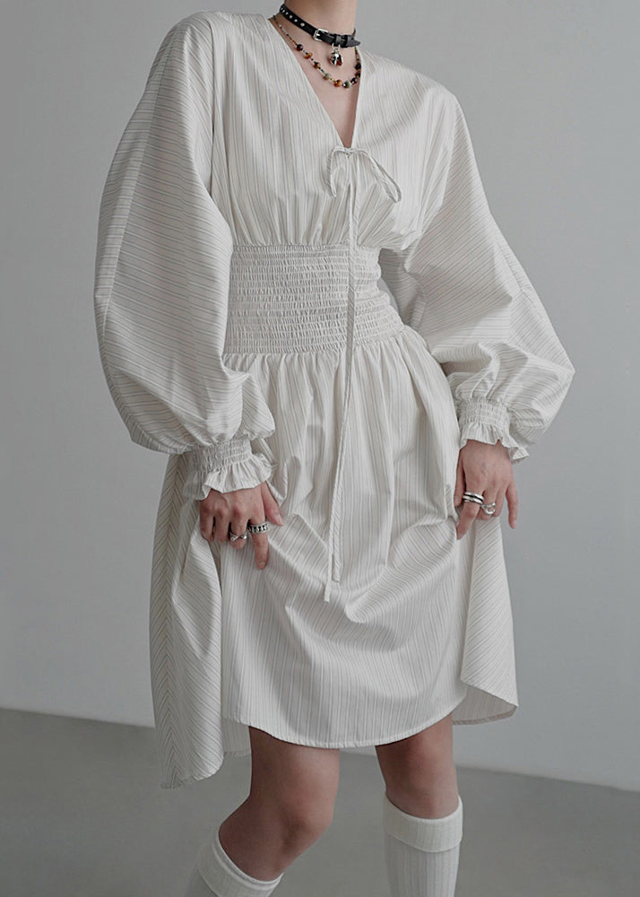 Pinstripe Lantern Sleeve Drawstring V-Neck Smocked Waist Midi Dress
