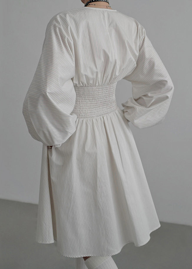 Pinstripe Lantern Sleeve Drawstring V-Neck Smocked Waist Midi Dress
