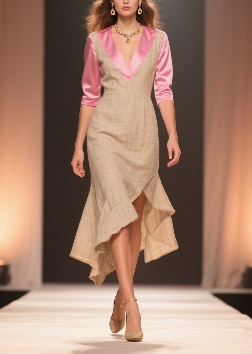 Deep V-Neck Three Quarter Sleeve Satin Trim Woven High Low Ruffle Midi Dress