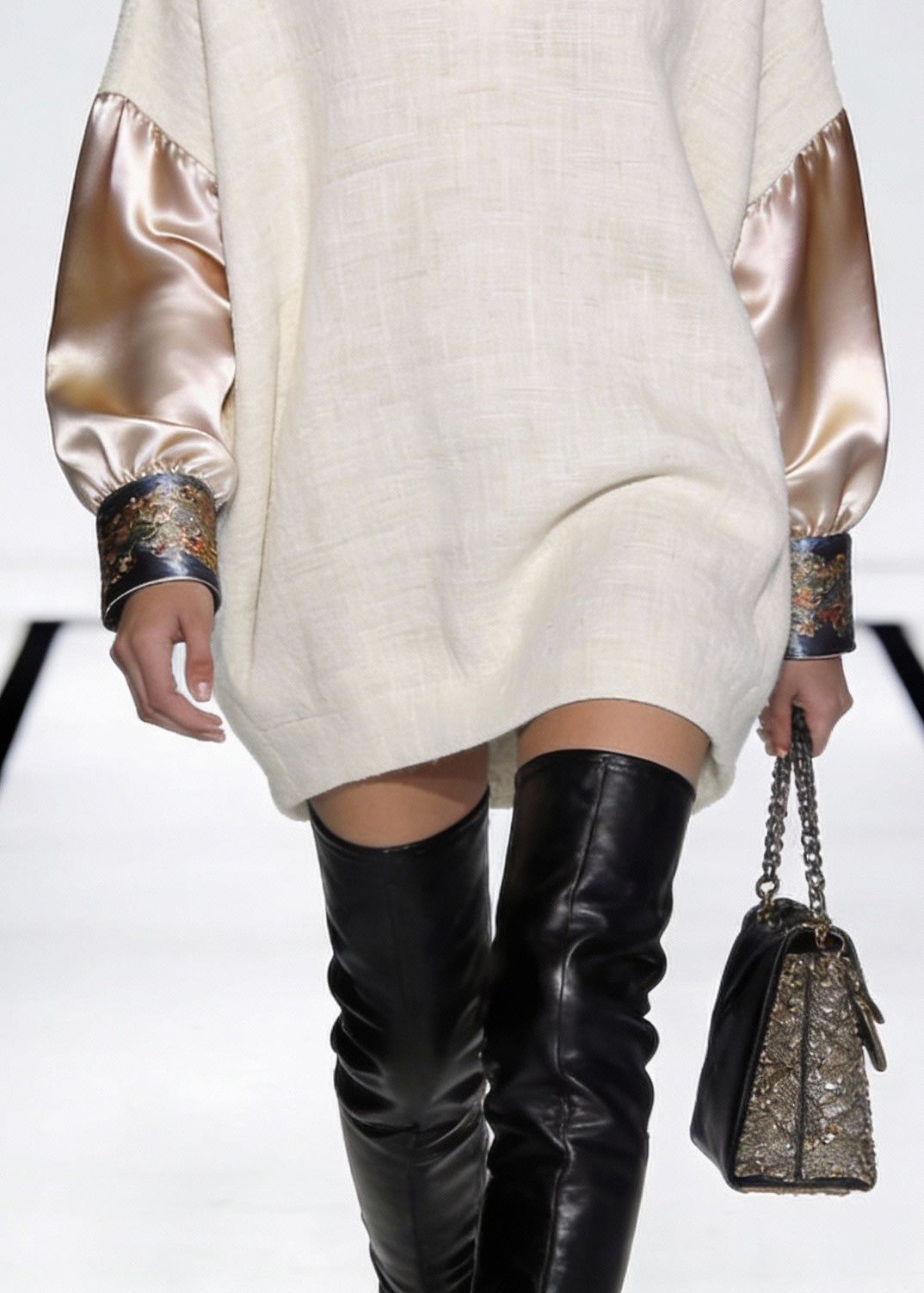 V-Neck Long Sleeve Embroidered Cuff Woven Patchwork Mini Dress