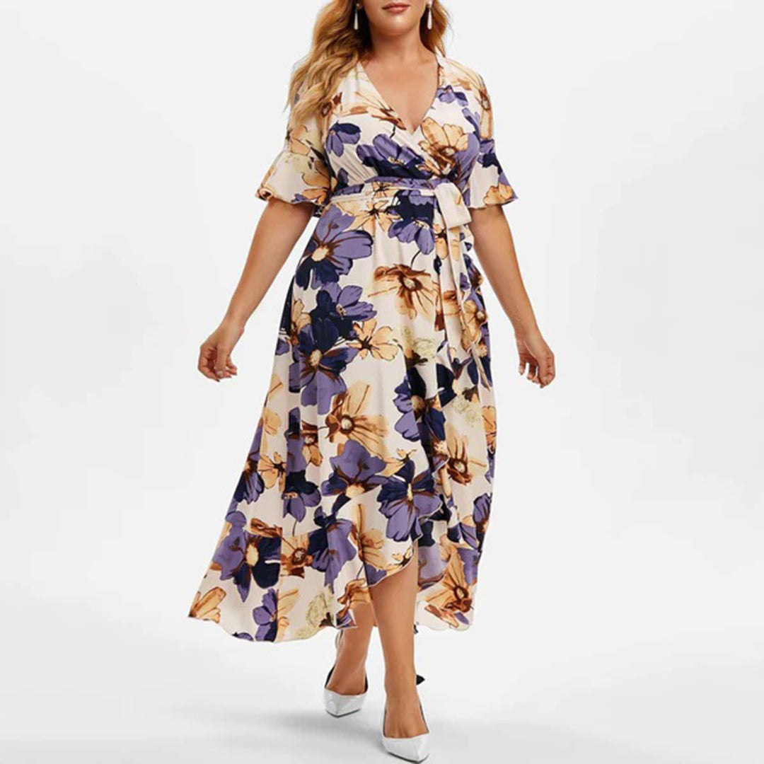 Floral V-Neck Flutter Sleeve Wrap Belted Maxi Dress