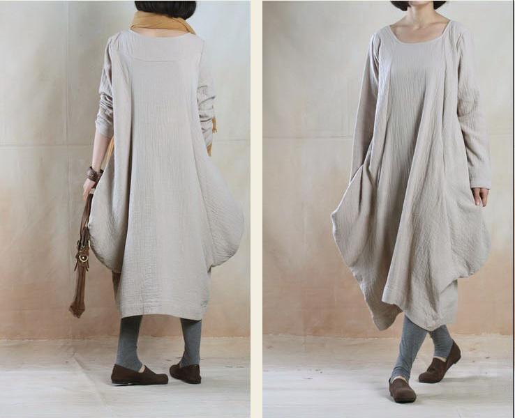 Beige Baggy linen maxi dress long plus size spring linen dresses