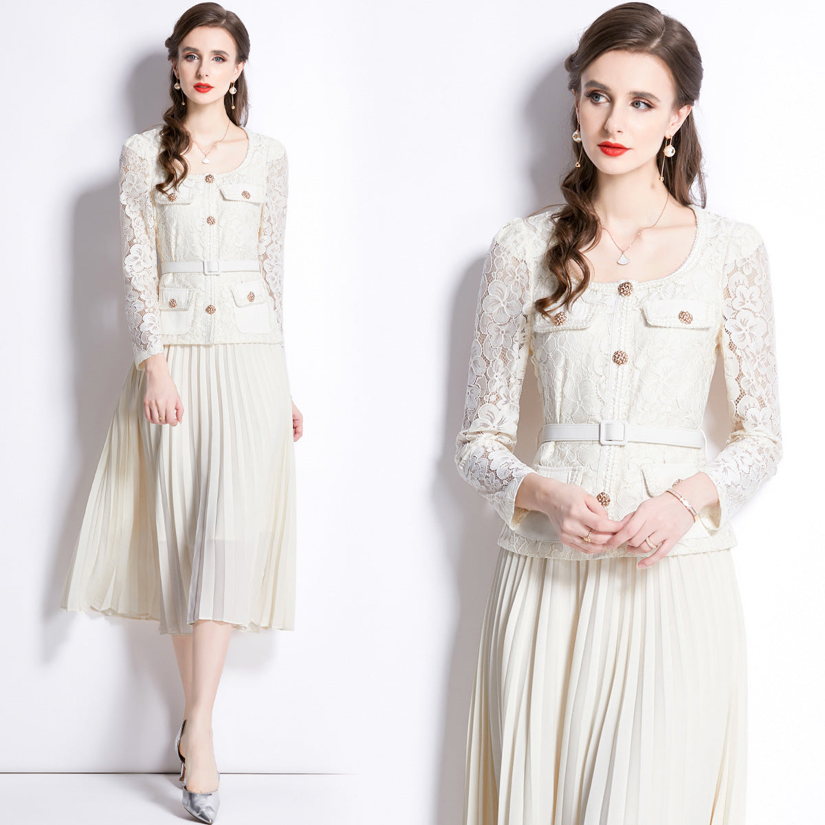 Faux Two Piece Lace Long Sleeve Pleated Midi Dress 3