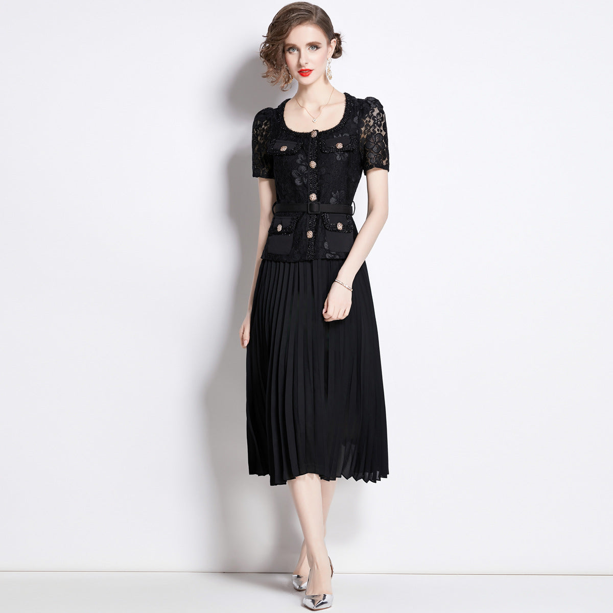 Faux Two Piece Lace Long Sleeve Pleated Midi Dress 9
