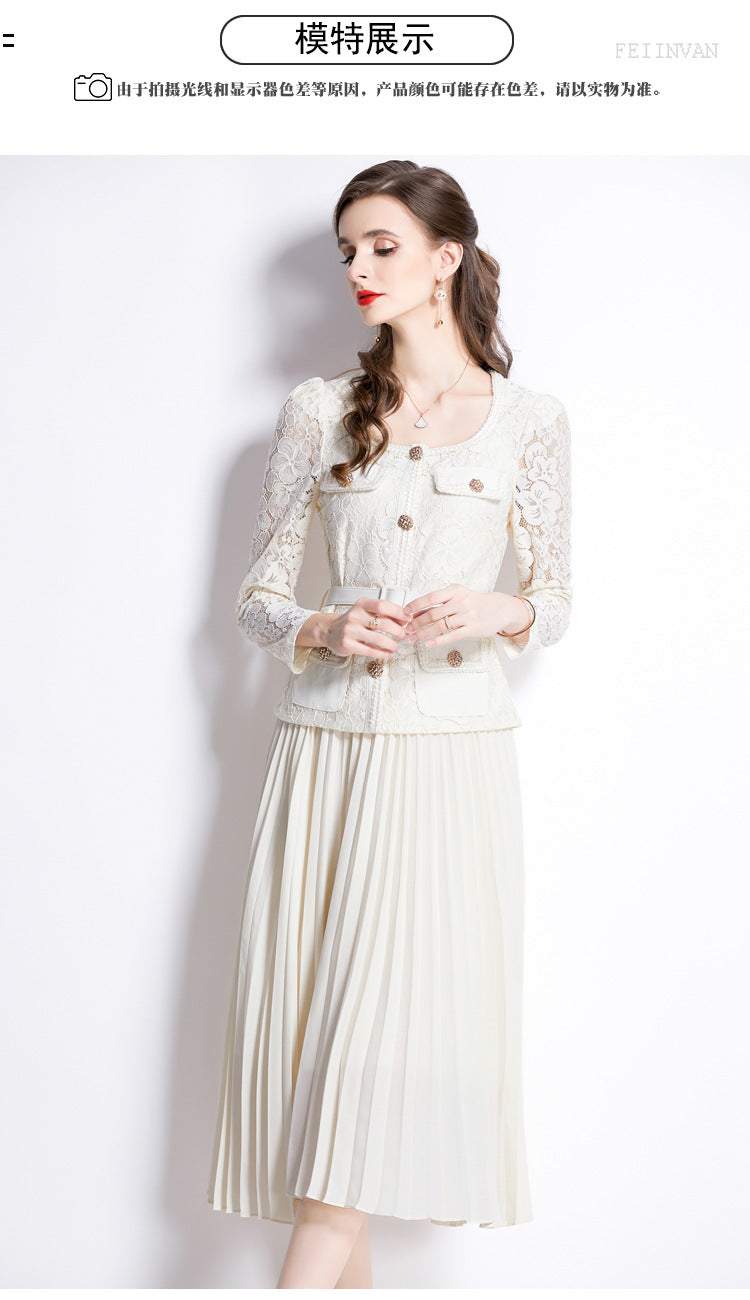 Faux Two Piece Lace Long Sleeve Pleated Midi Dress 13