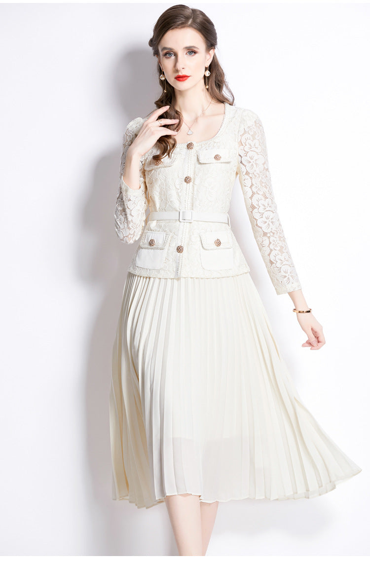 Faux Two Piece Lace Long Sleeve Pleated Midi Dress 14