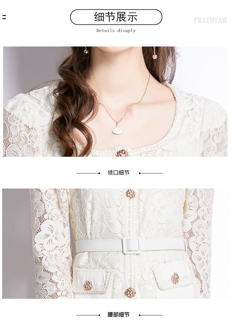 Faux Two Piece Lace Long Sleeve Pleated Midi Dress 18