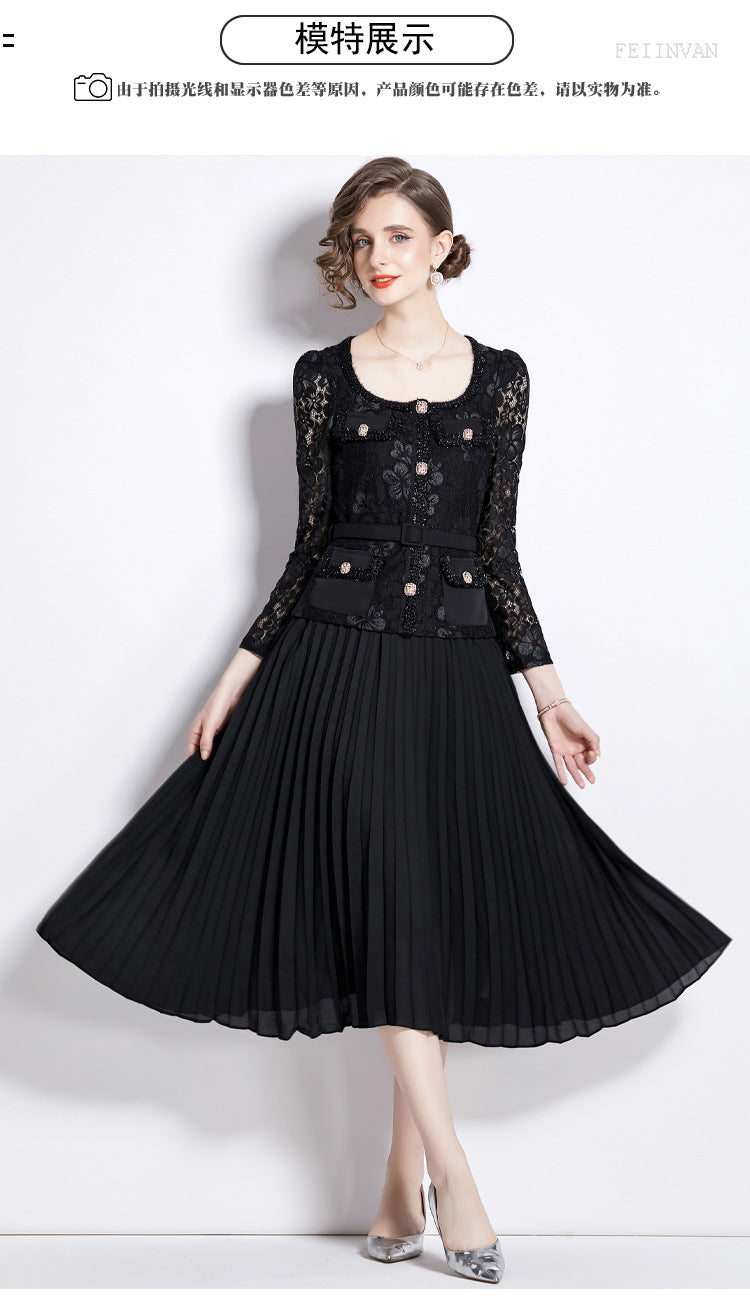 Faux Two Piece Lace Long Sleeve Pleated Midi Dress 22