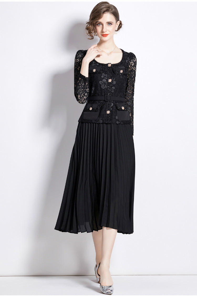Faux Two Piece Lace Long Sleeve Pleated Midi Dress 23