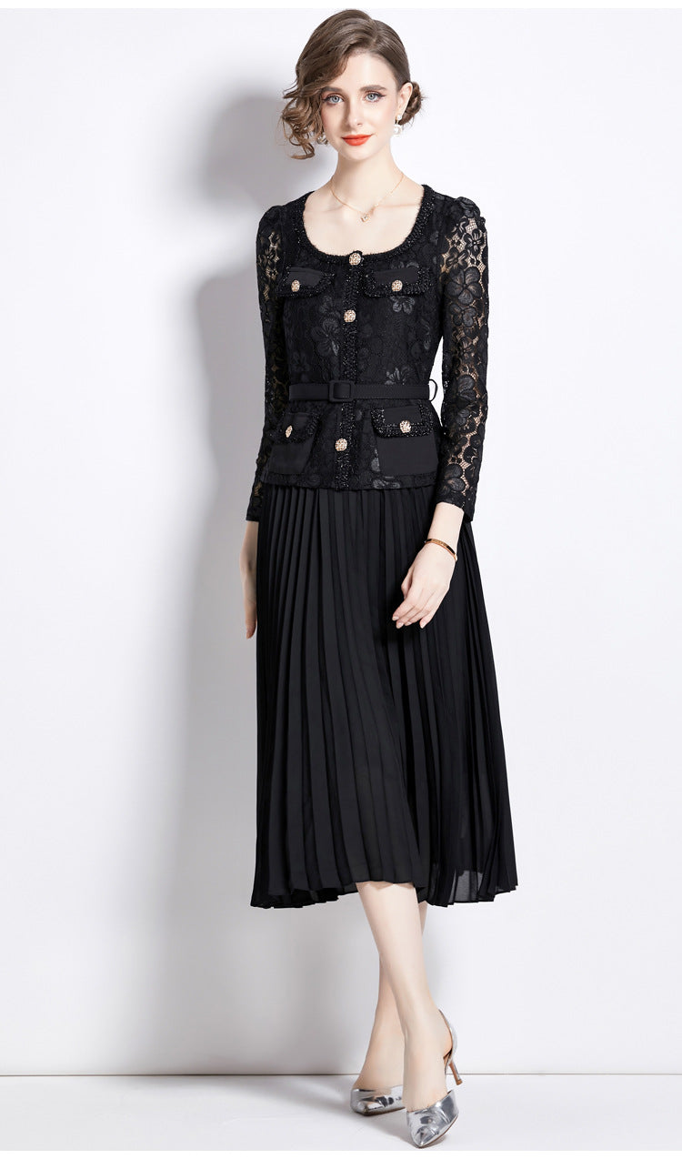 Faux Two Piece Lace Long Sleeve Pleated Midi Dress 25