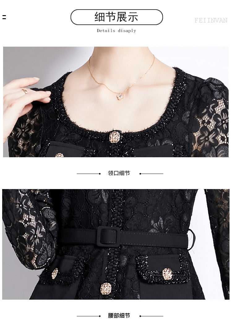 Faux Two Piece Lace Long Sleeve Pleated Midi Dress 28