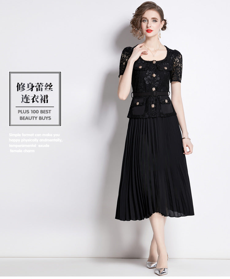 Faux Two Piece Lace Long Sleeve Pleated Midi Dress 30