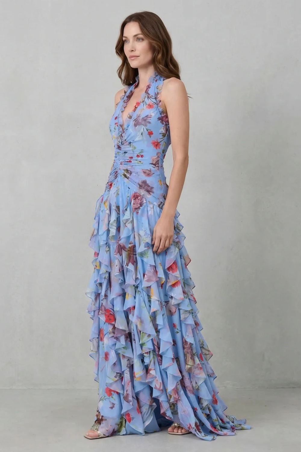 Floral Halter Deep V-Neck Ruffle Chiffon Maxi Dress 7