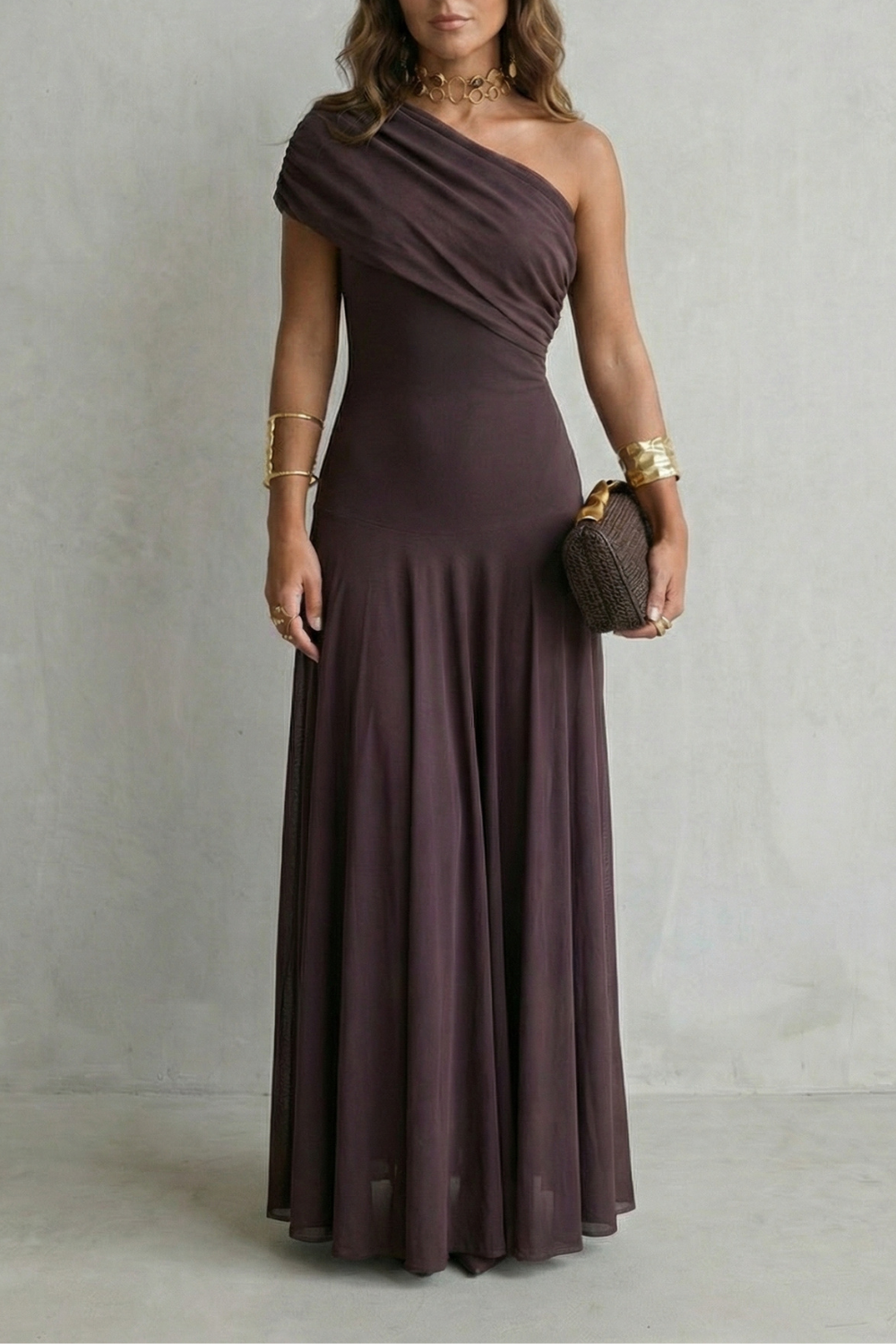 One Shoulder Ruched Mesh Fit and Flare Maxi Gown