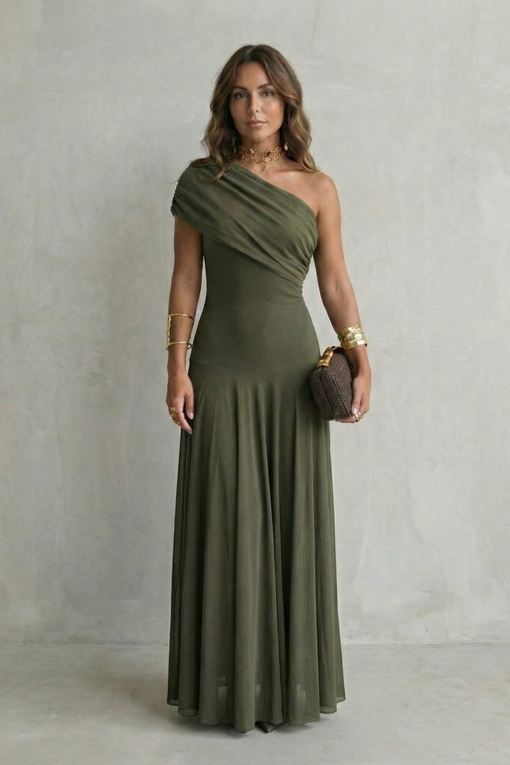 One Shoulder Ruched Mesh Fit and Flare Maxi Gown 10