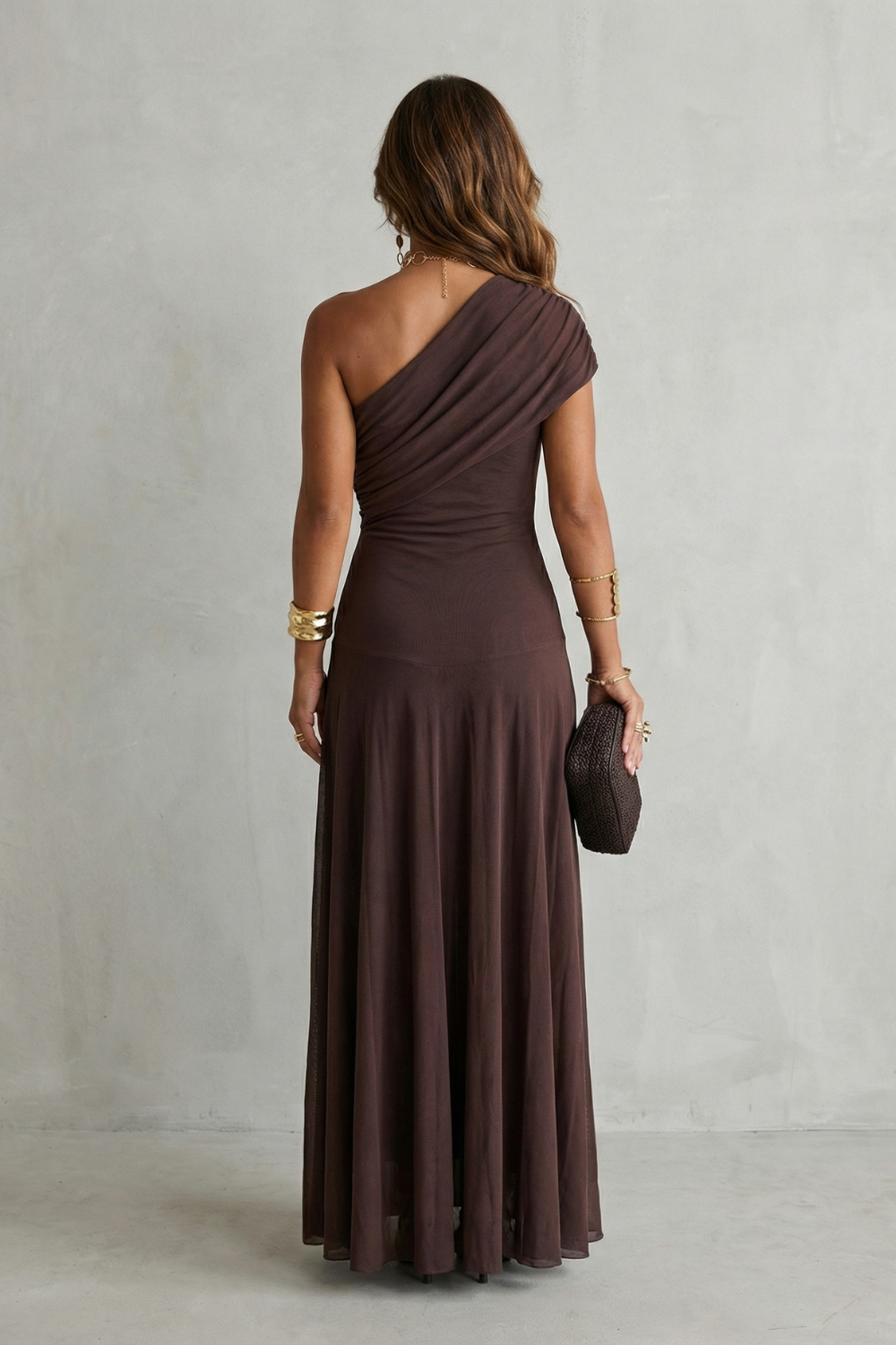 One Shoulder Ruched Mesh Fit and Flare Maxi Gown 4