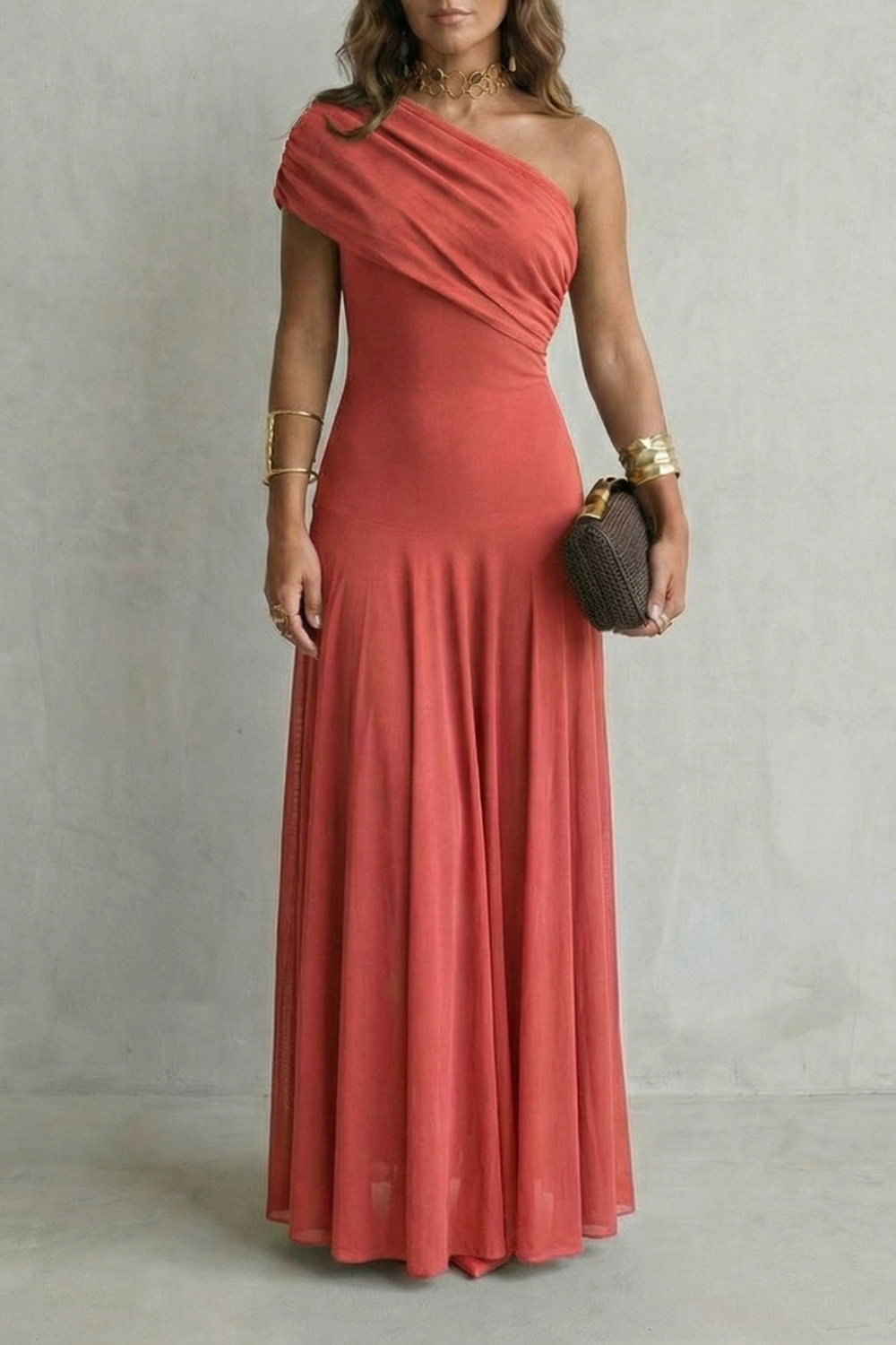 One Shoulder Ruched Mesh Fit and Flare Maxi Gown 5