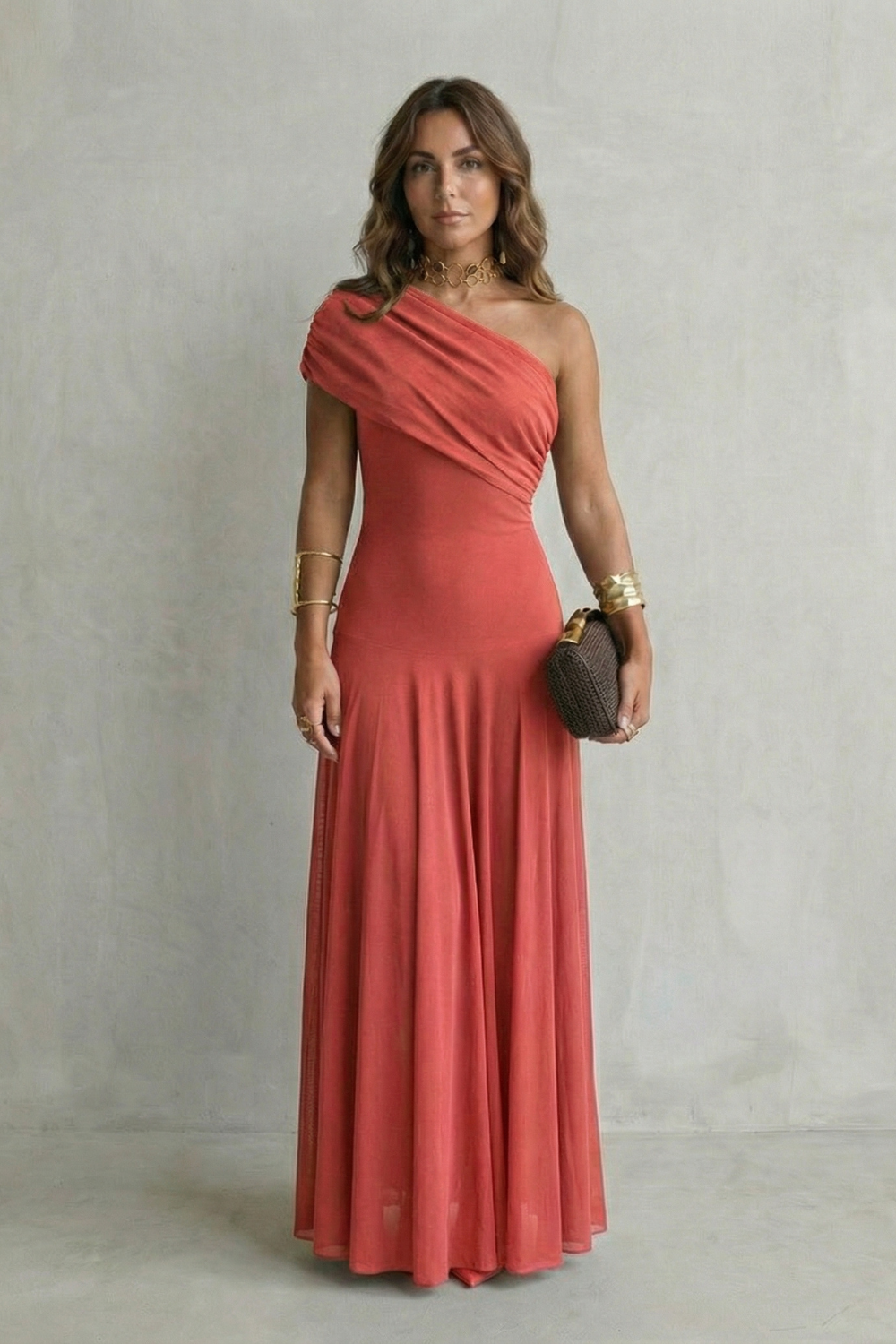 One Shoulder Ruched Mesh Fit and Flare Maxi Gown 6