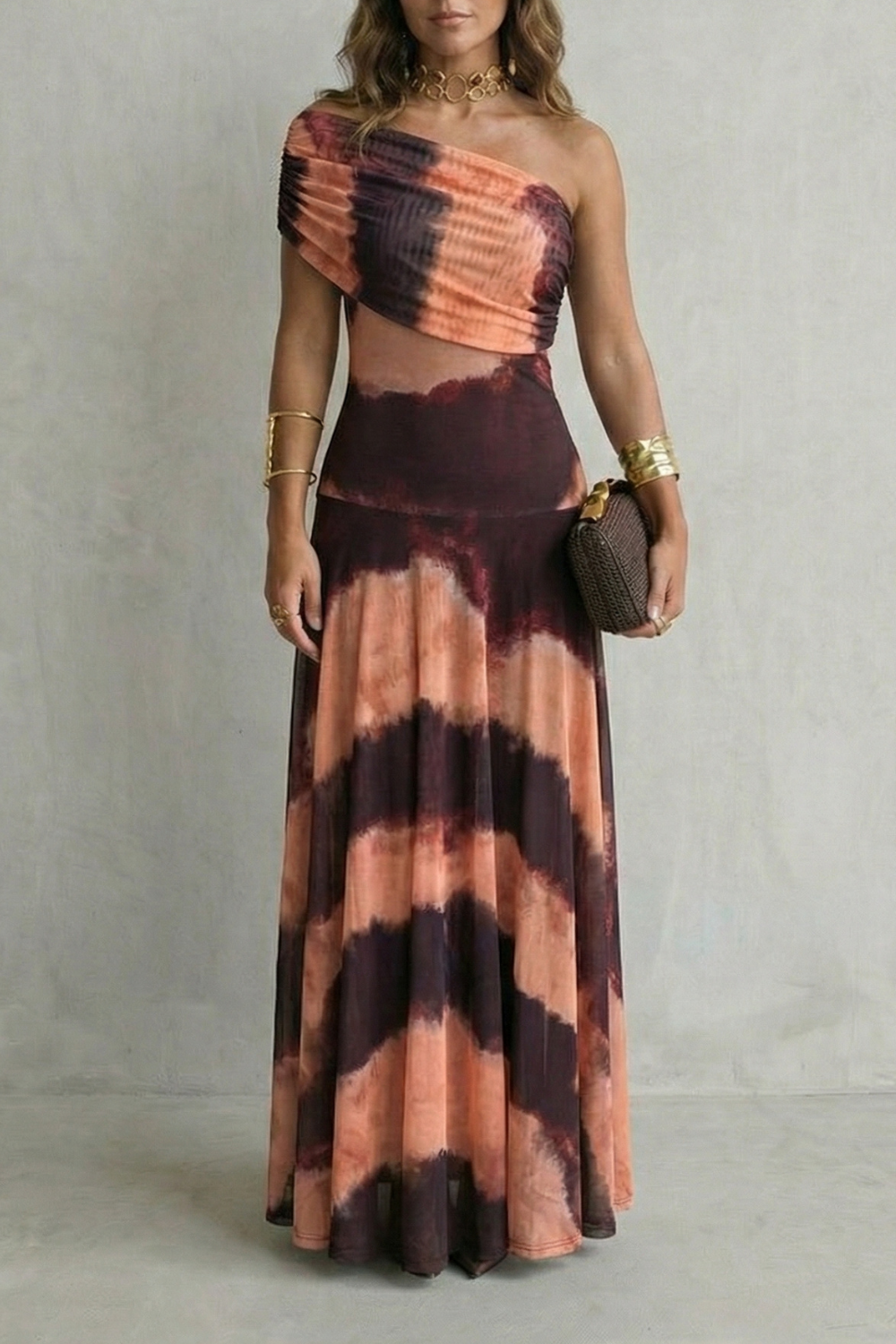 One Shoulder Ruched Mesh Fit and Flare Maxi Gown 7
