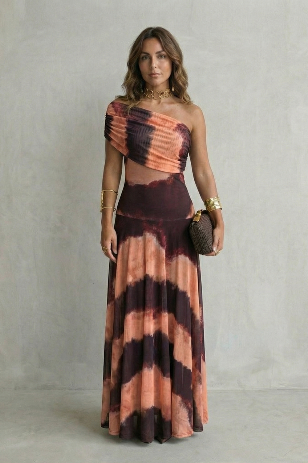 One Shoulder Ruched Mesh Fit and Flare Maxi Gown 8