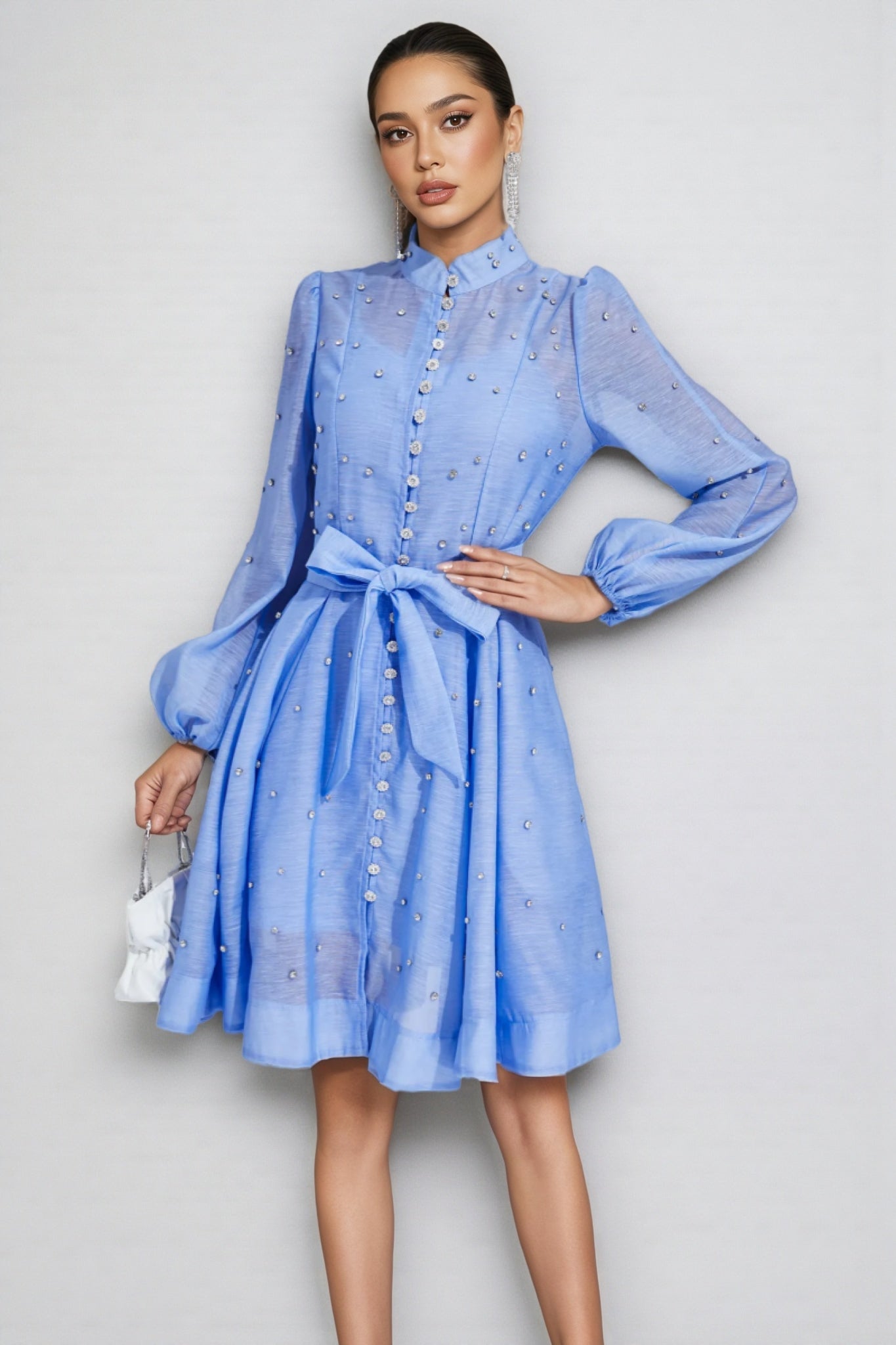 Pearl Embellished Puff Sleeve Mock Neck Tie Waist Button Front A-Line Mini Dress