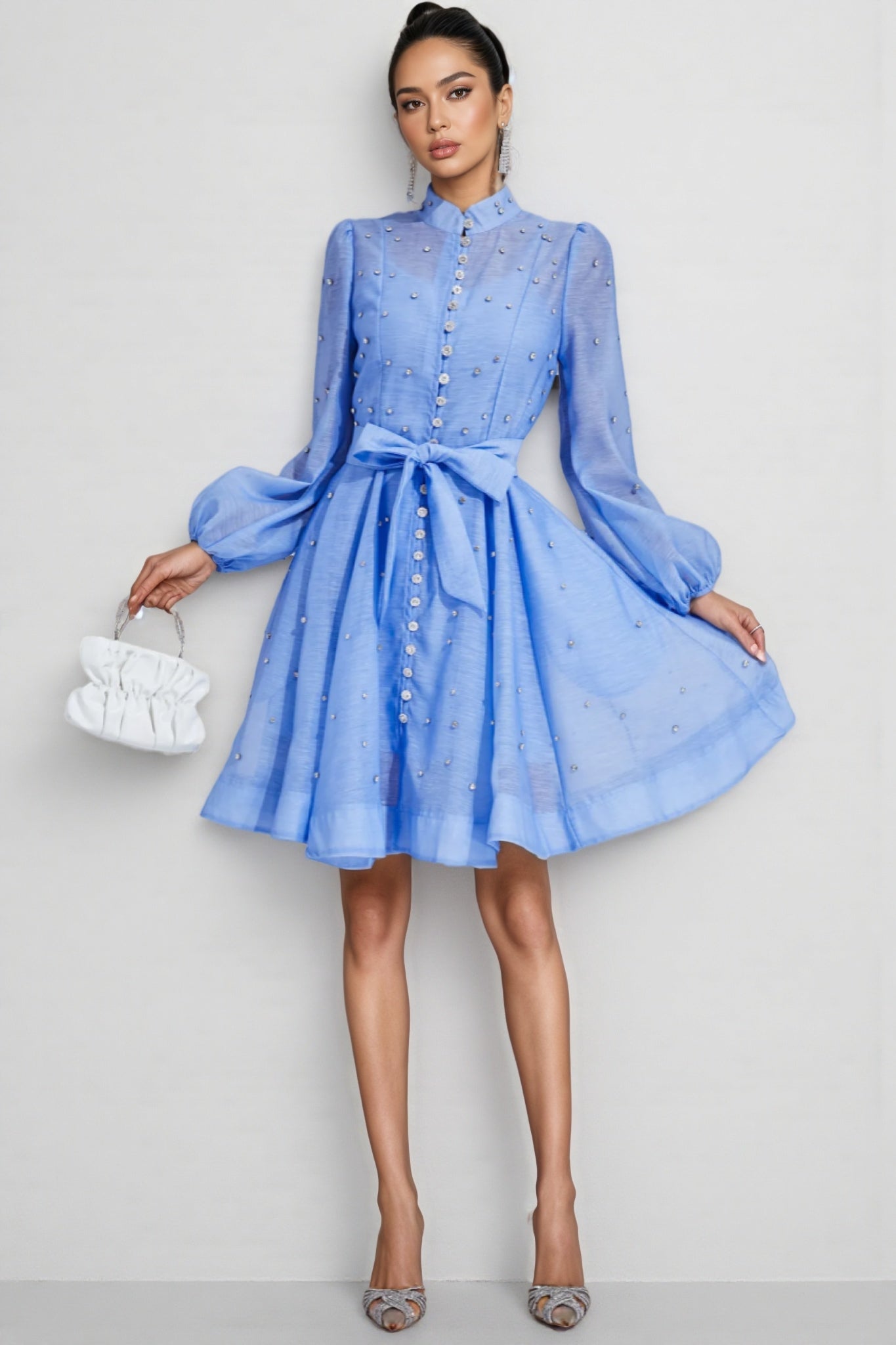 Pearl Embellished Puff Sleeve Mock Neck Tie Waist Button Front A-Line Mini Dress