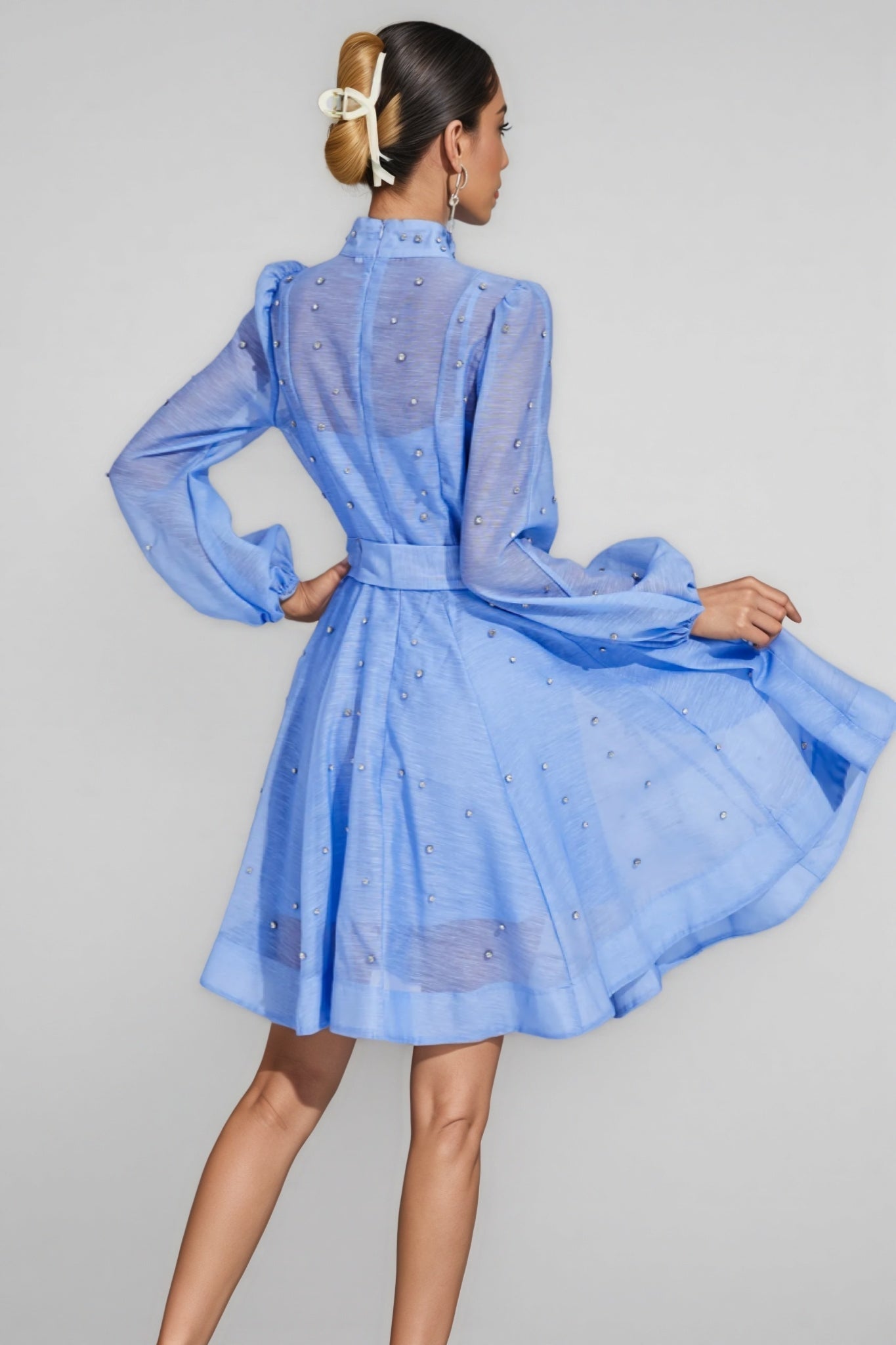 Pearl Embellished Puff Sleeve Mock Neck Tie Waist Button Front A-Line Mini Dress