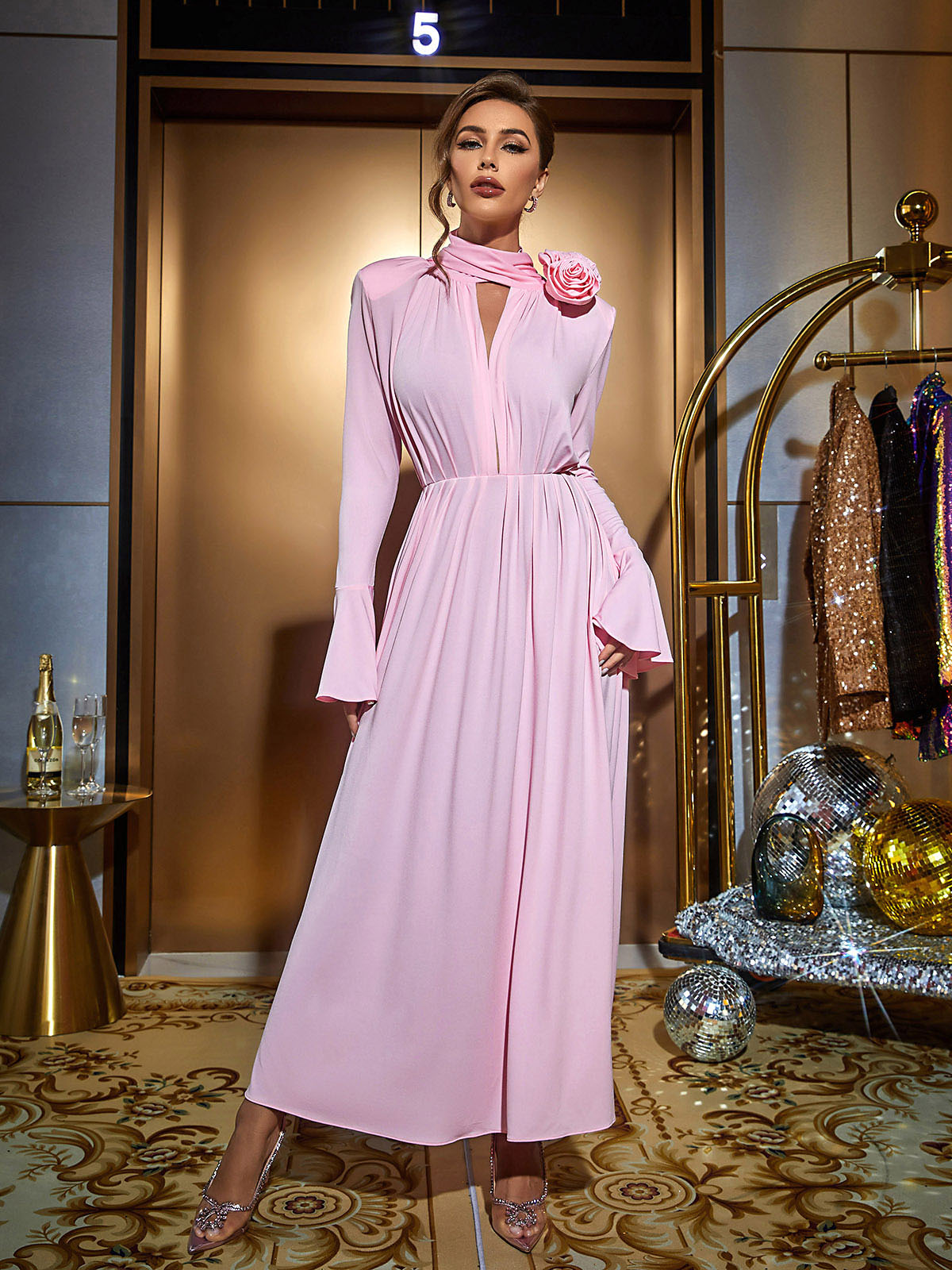 Long Sleeve Tie Neck 3D Flower High Split A-Line Maxi Dress