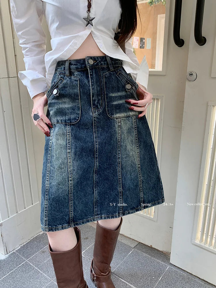 American Retro Midi Do old Washed ALine Skirt