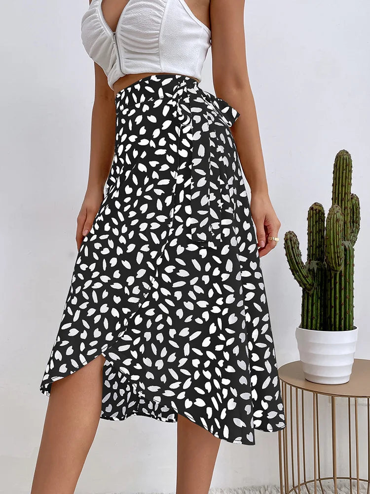 Boho Print Tie Side Wrap Skirt High Waist ALine Skirt