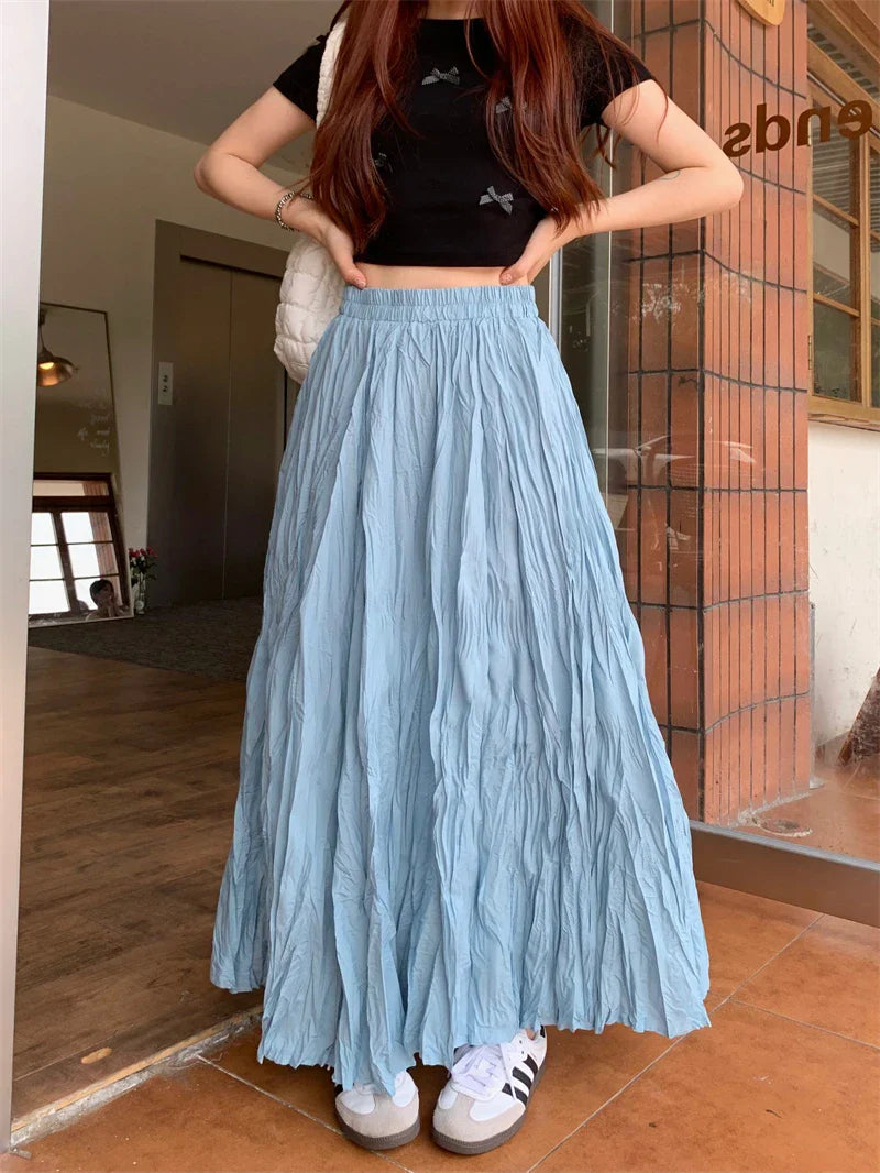 Vintage Solid Elastic Pleated ALine Skirt