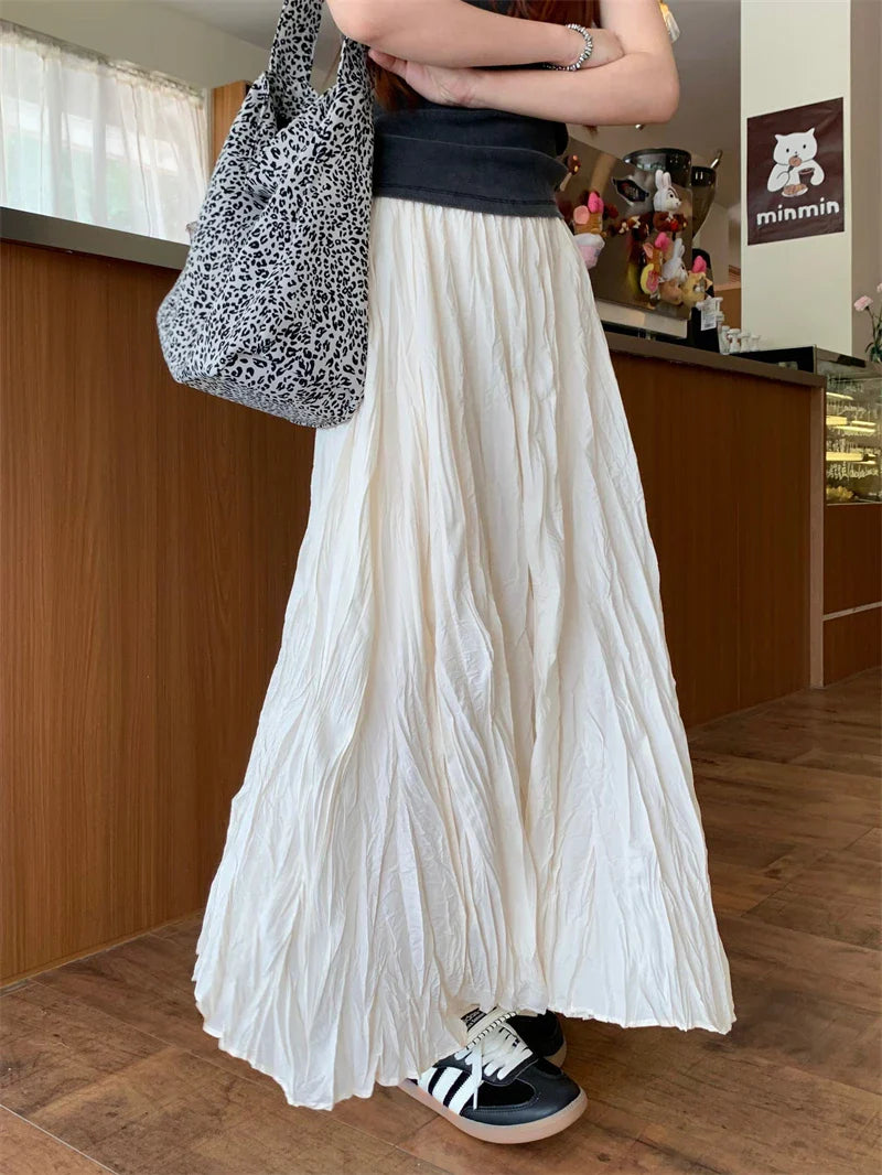 Vintage Solid Elastic Pleated ALine Skirt