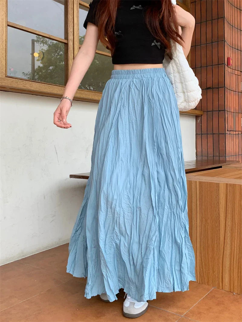 Vintage Solid Elastic Pleated ALine Skirt