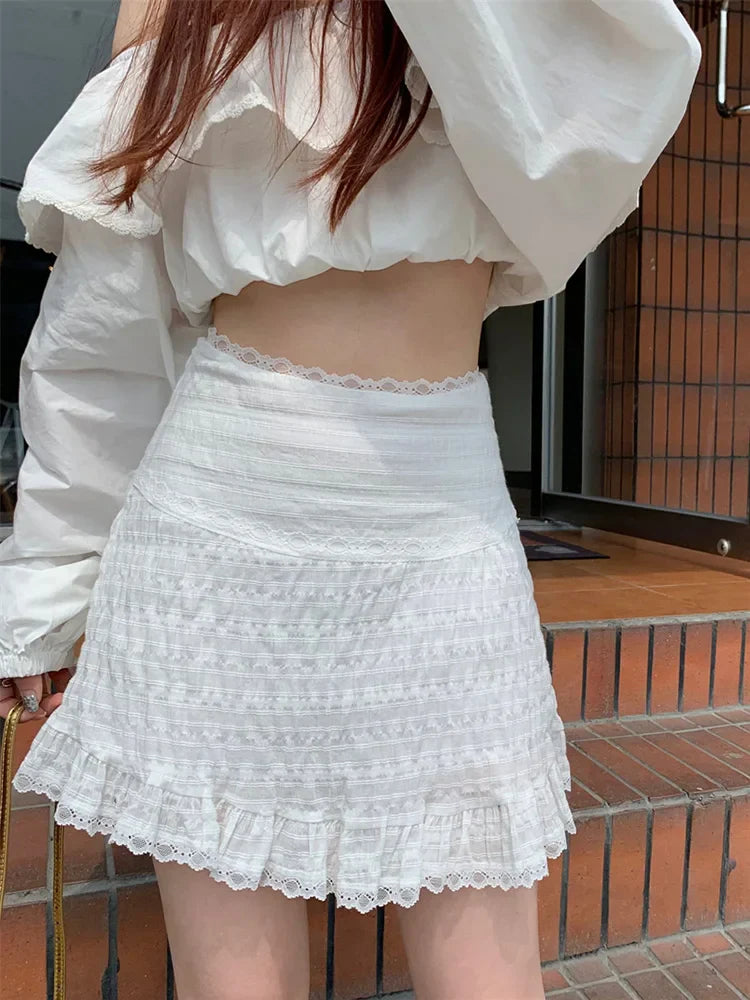 White Lace Trim Ruffled Sweet High Waist ALine Skirt