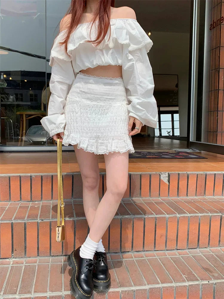 White Lace Trim Ruffled Sweet High Waist ALine Skirt