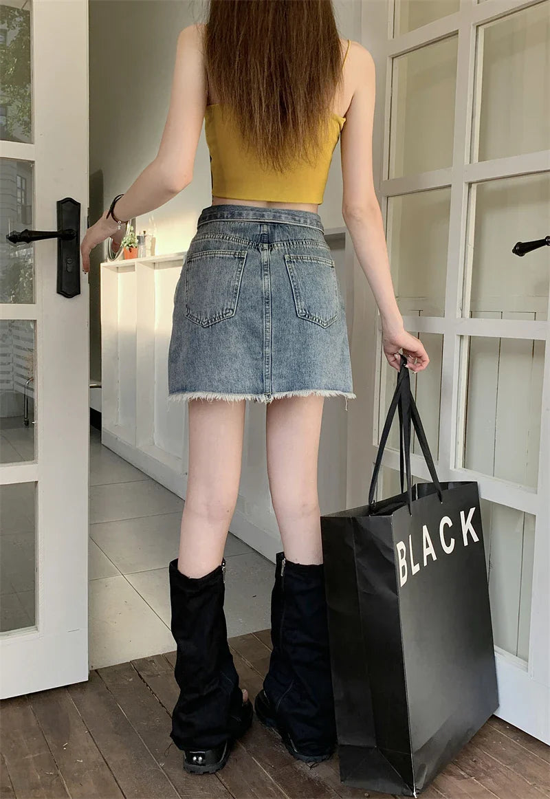 Y2k Star Patch Raw Hem Cuffs Aline Short Skirt