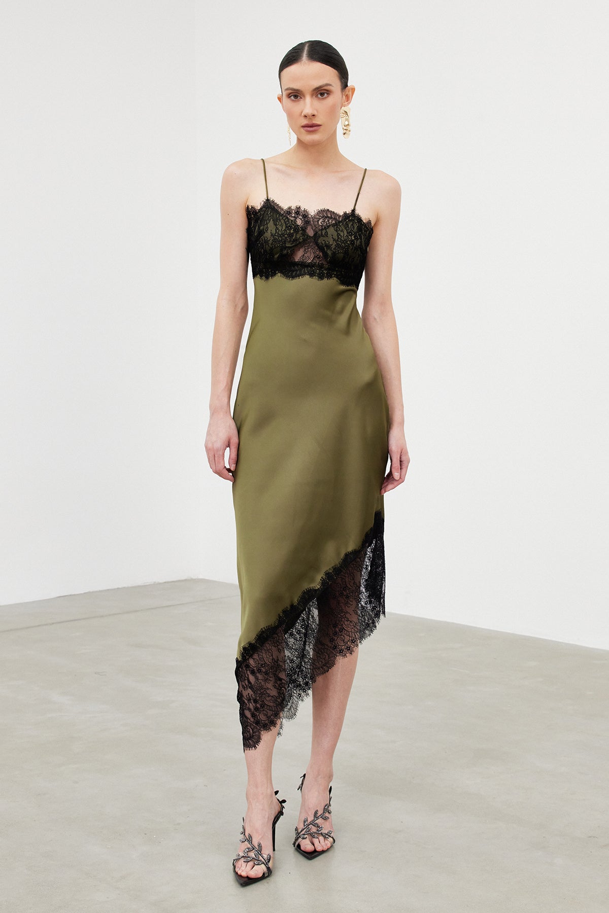 Bess Spaghetti Lace Asymmetric Midi Dress